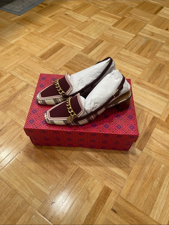 Tory Burch Shoes - Women's Burgundy Plaid slingback loafer.